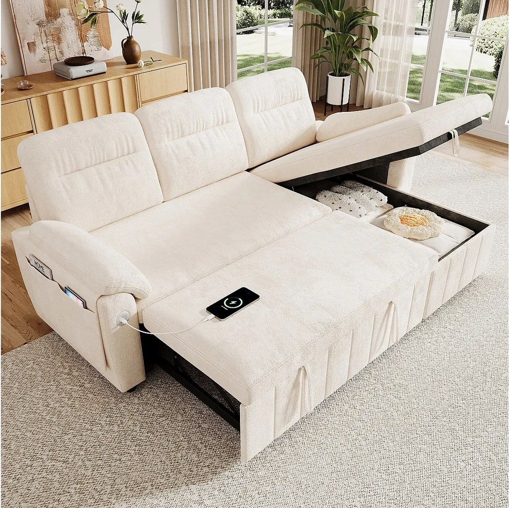 3-osobowa sofa narożna z odwracalnym szezlongiem, schowkiem i portami USB/Type-C - Chenille - 208 x 131 x 88 cm - Beżowa