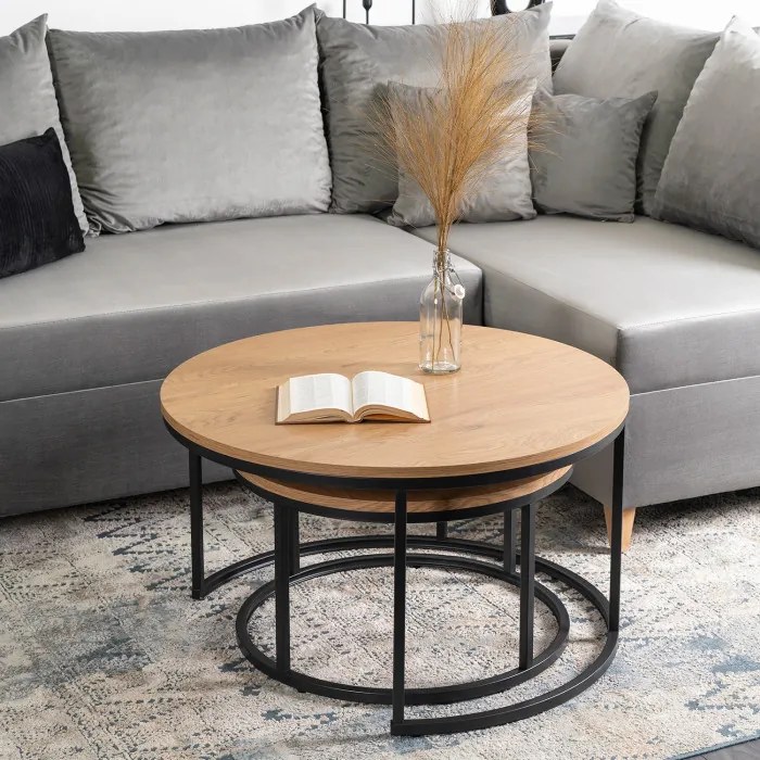 Zestaw Stolików Kawowych DELIA MAX 60 cm/80 cm Dąb Złoty Nowoczesny Loft