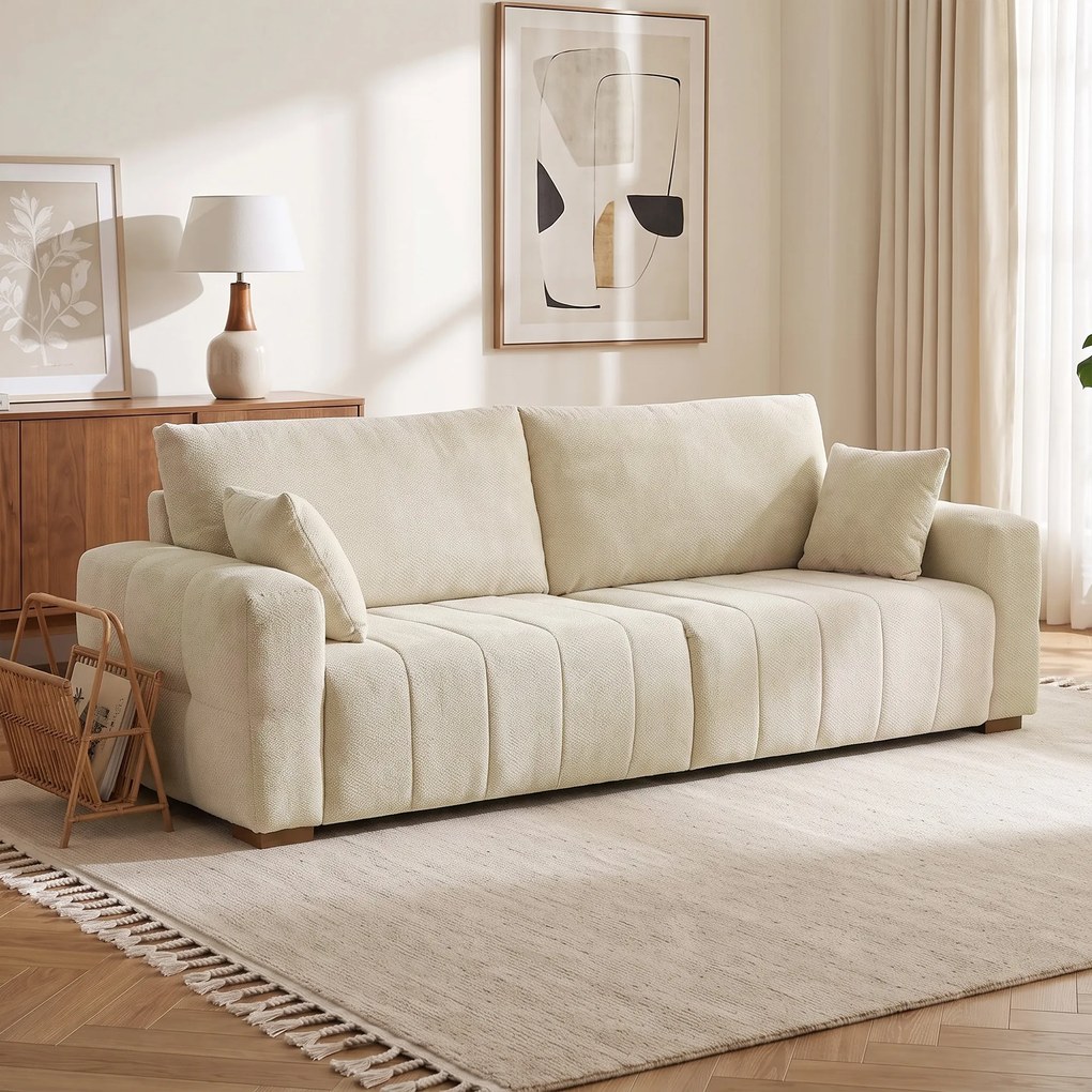 HOMCOM Sofa 3-osobowa z podłogowymi podłokietnikami, tapicerowana sofa do salonu, nogi drewniane, kremowo-biała | Aosom PL
