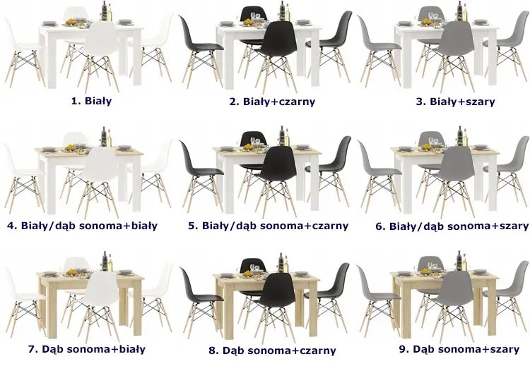 Prostokątny stół biały + dąb sonoma i 4 białe krzesła - Etos