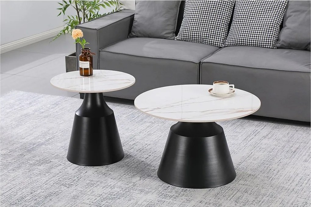 Zestaw 2 niskich stolików kawowych z ceramiki "Vulca" - Efekt białego marmuru - Elegancki design
