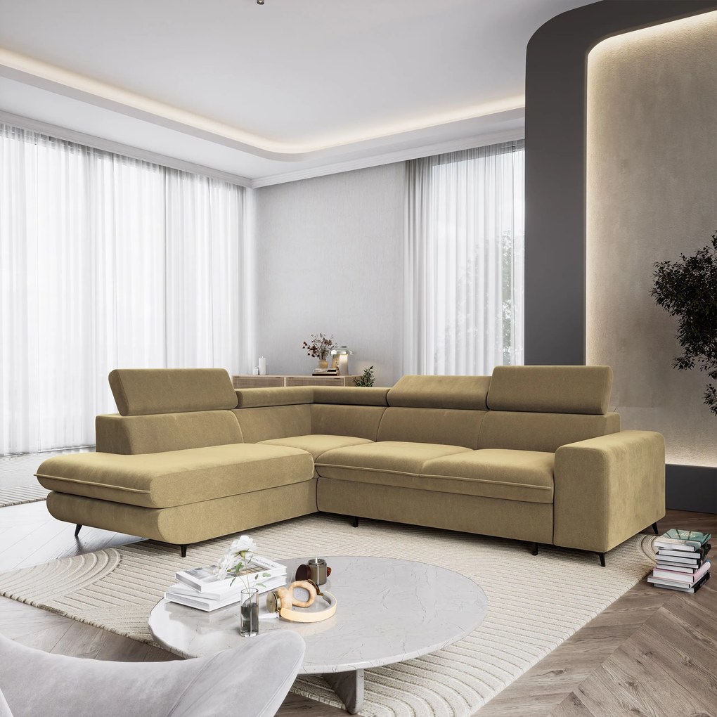 Masseno Narożnik VELISS z funkcją spania i pojemnikiem na pościel Narozniki L, Rozkładana sofa - Musztardowy, CASTEL 48