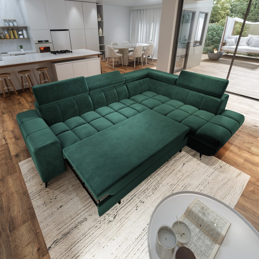 Masseno Narożnik MORIVA z funkcją spania i pojemnikiem na pościel Narozniki L, Rozkładana sofa - Zielony, MONOLITH 37