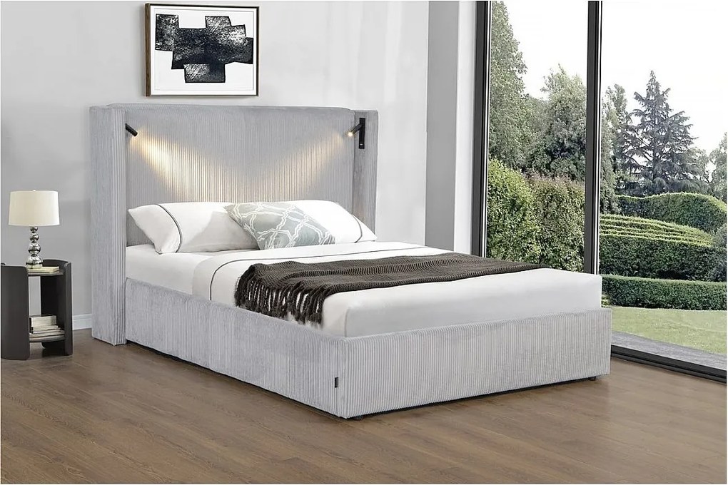 Podwójne łóżko welurowe z pojemnikiem i wbudowaną lampką "Cortina" - Szare