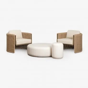 Zestaw Ogrodowy Z 2 Fotelami Ze Stali I Syntetycznego Rattanu Lina Oraz 2 Stolikami Kawowymi Z Cementu Fonelas Tkaniny Gardenia Biel - Sklum