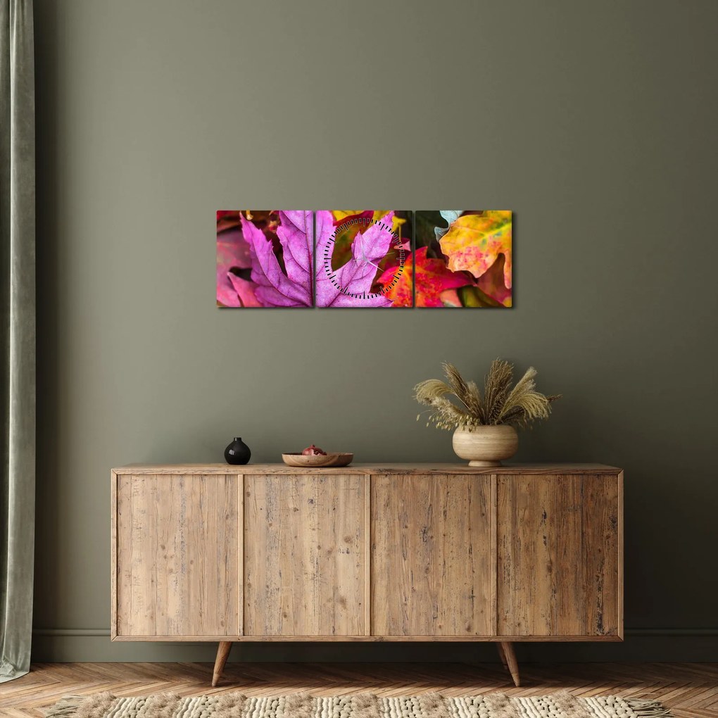 Obraz - jesienne liście (z zegarem) (90x30 cm)