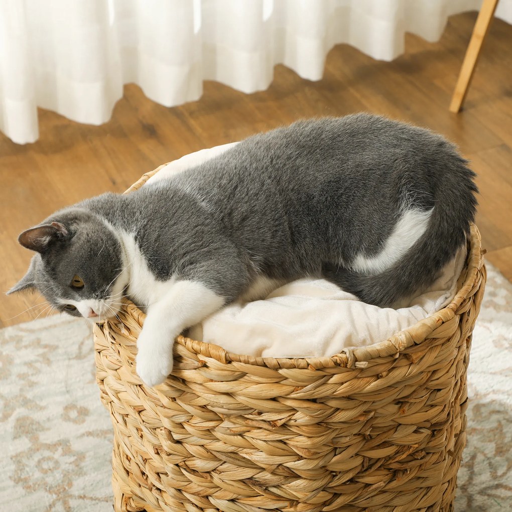PawHut Drapak 50 cm, 2 jaskinie, poduszka, beczka dla kota z hiacyntu wodnego, Jasnobrązowy