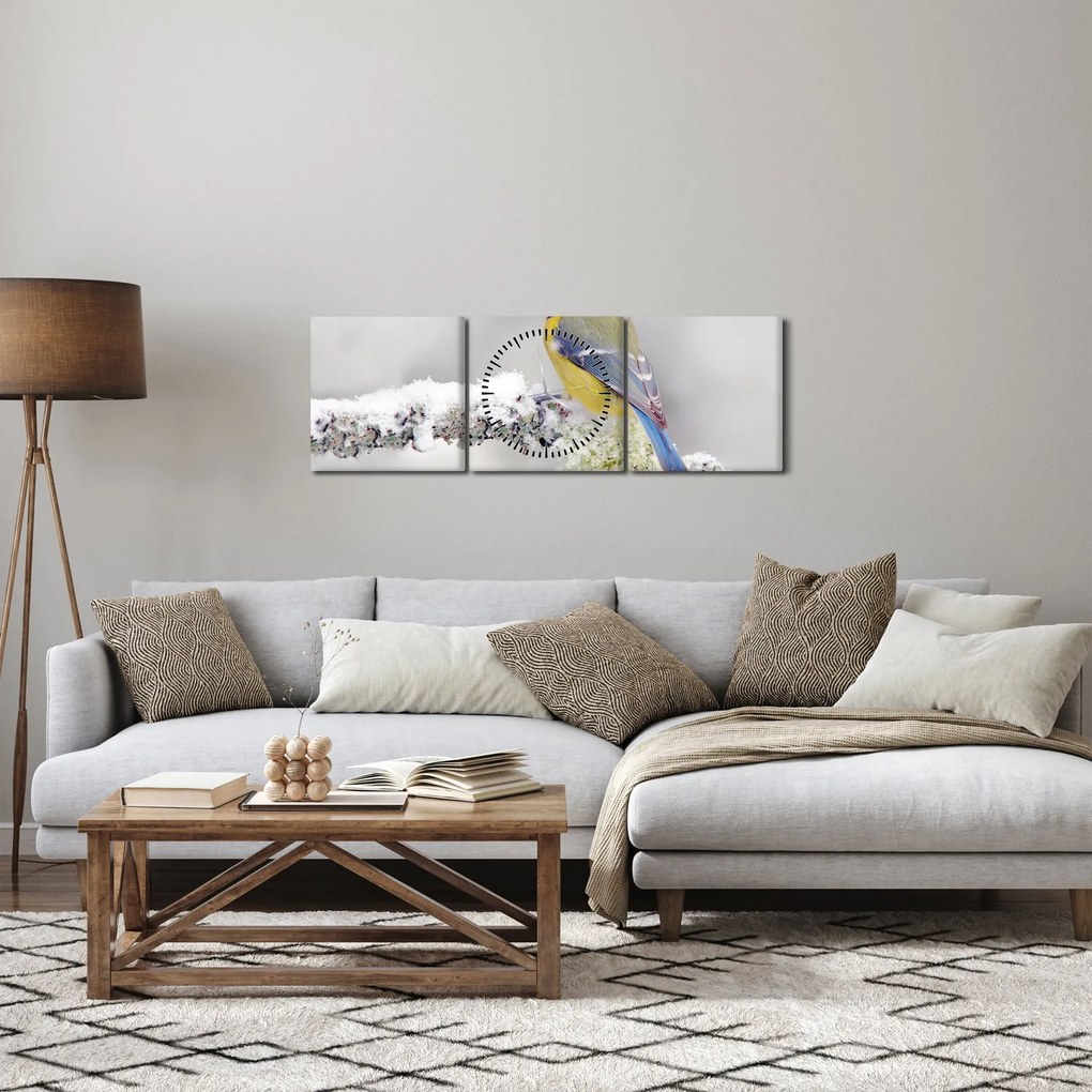 Obraz - Sikora modraszka w lesie (z zegarem) (90x30 cm)