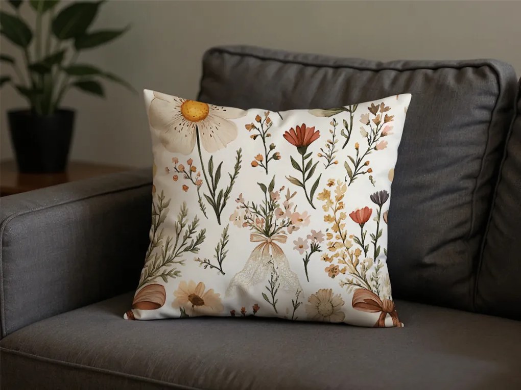 Polibawełniana poszewka na poduszkę FLORAL RIBBON POLY 45x45 cm, kremowa