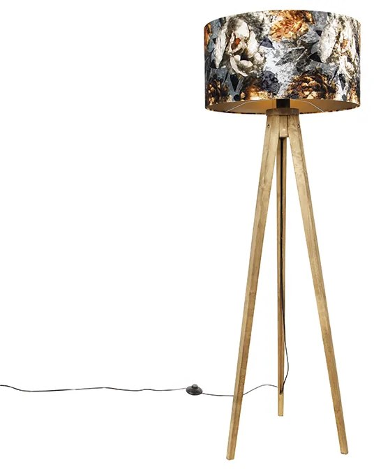 Lampa podłogowa w stylu vintage z drewnianym abażurem w kwiatowy wzór 50 cm - Tripod Classic klasyczny/Antyczny Oswietlenie wewnetrzne