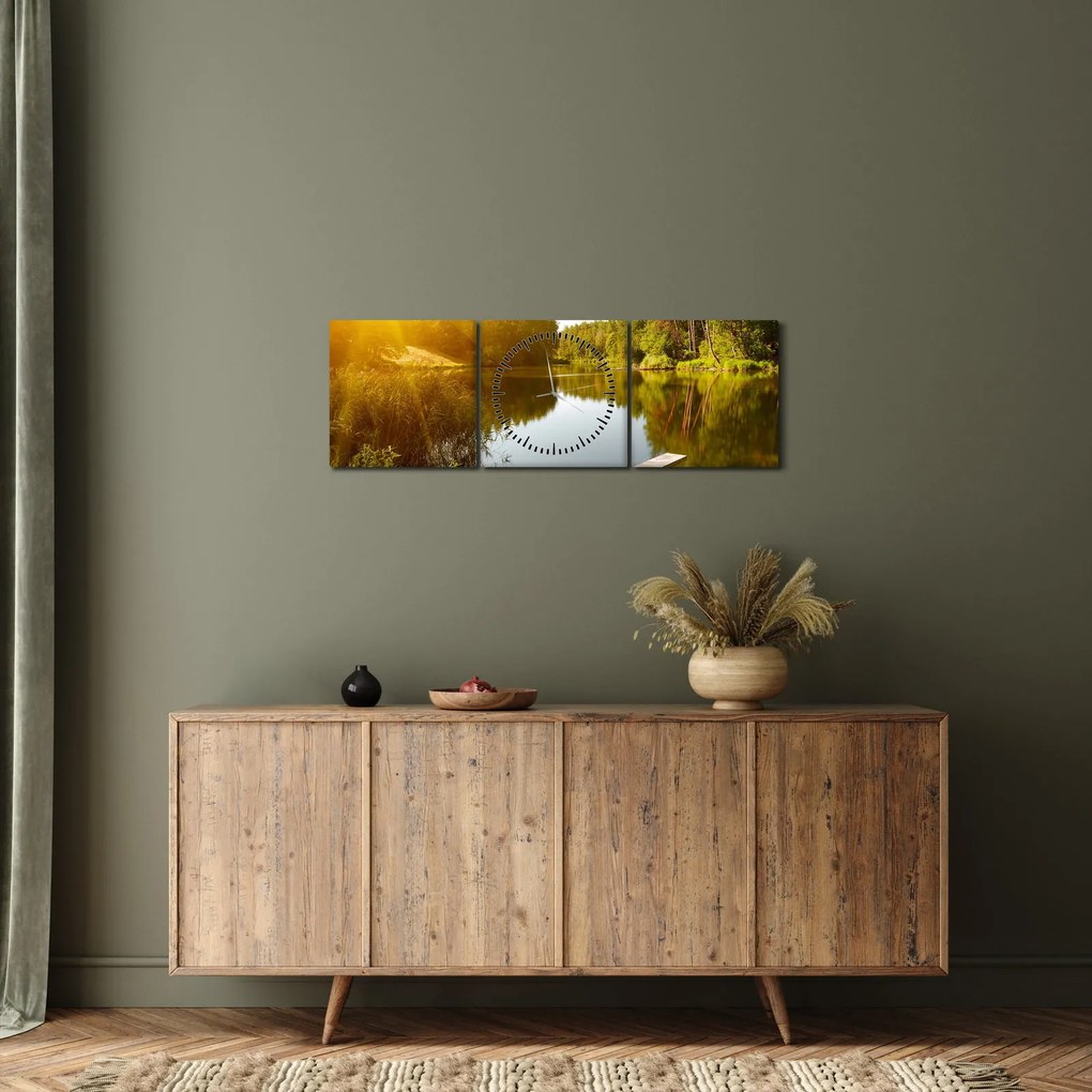 Obraz - Jezioro w pobliżu lasu (z zegarem) (90x30 cm)