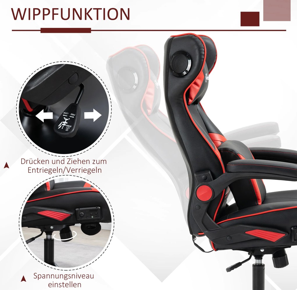 Fotel gamingowy Vinsetto, fotel gamingowy, zintegrowane głośniki, rozkładane oparcie, czarny+czerwony, 69 x 73 x 118cm