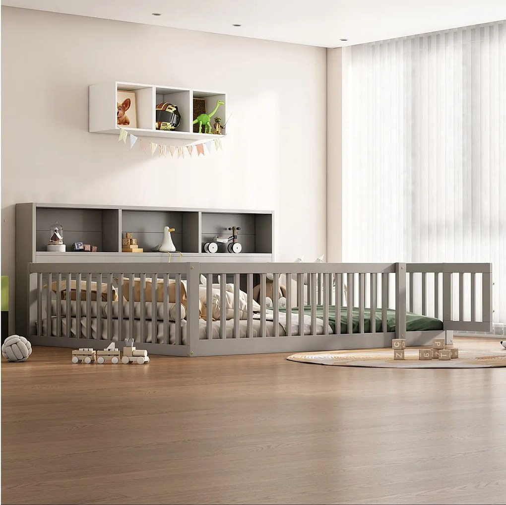 Łóżko 140 x 200 cm z barierkami i szafkami - Drewno sosnowe + MDF - Stelaż listwowy - Szary (bez materaca)