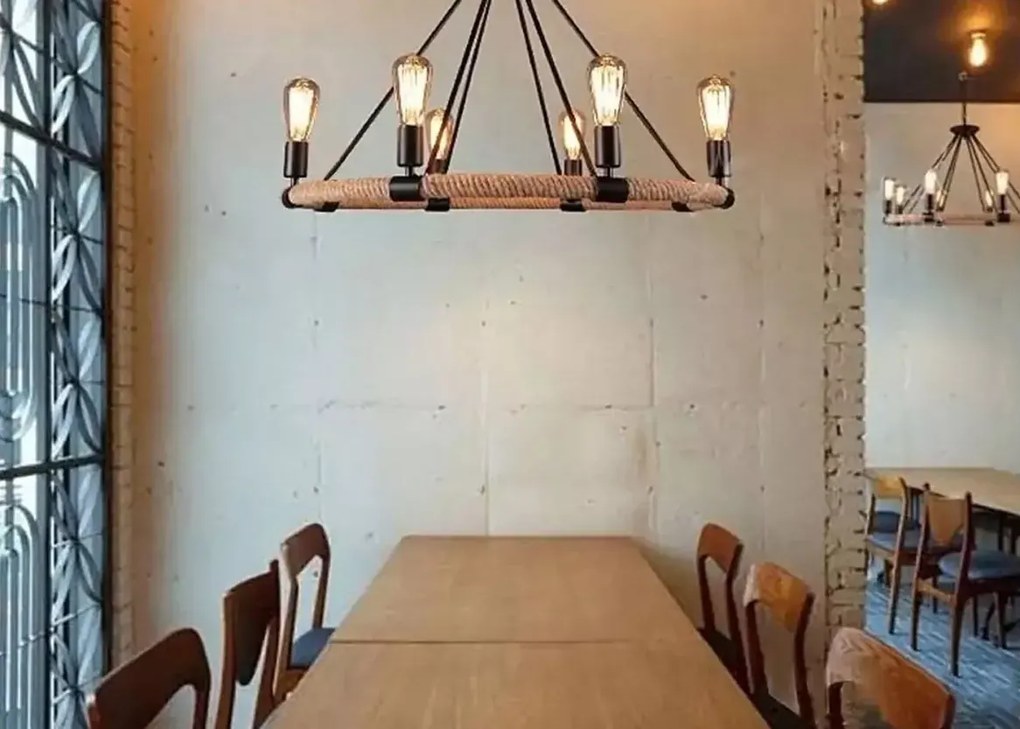 Lampa sufitowa ze stalowej obręczy oplecionej sznurem konopnym