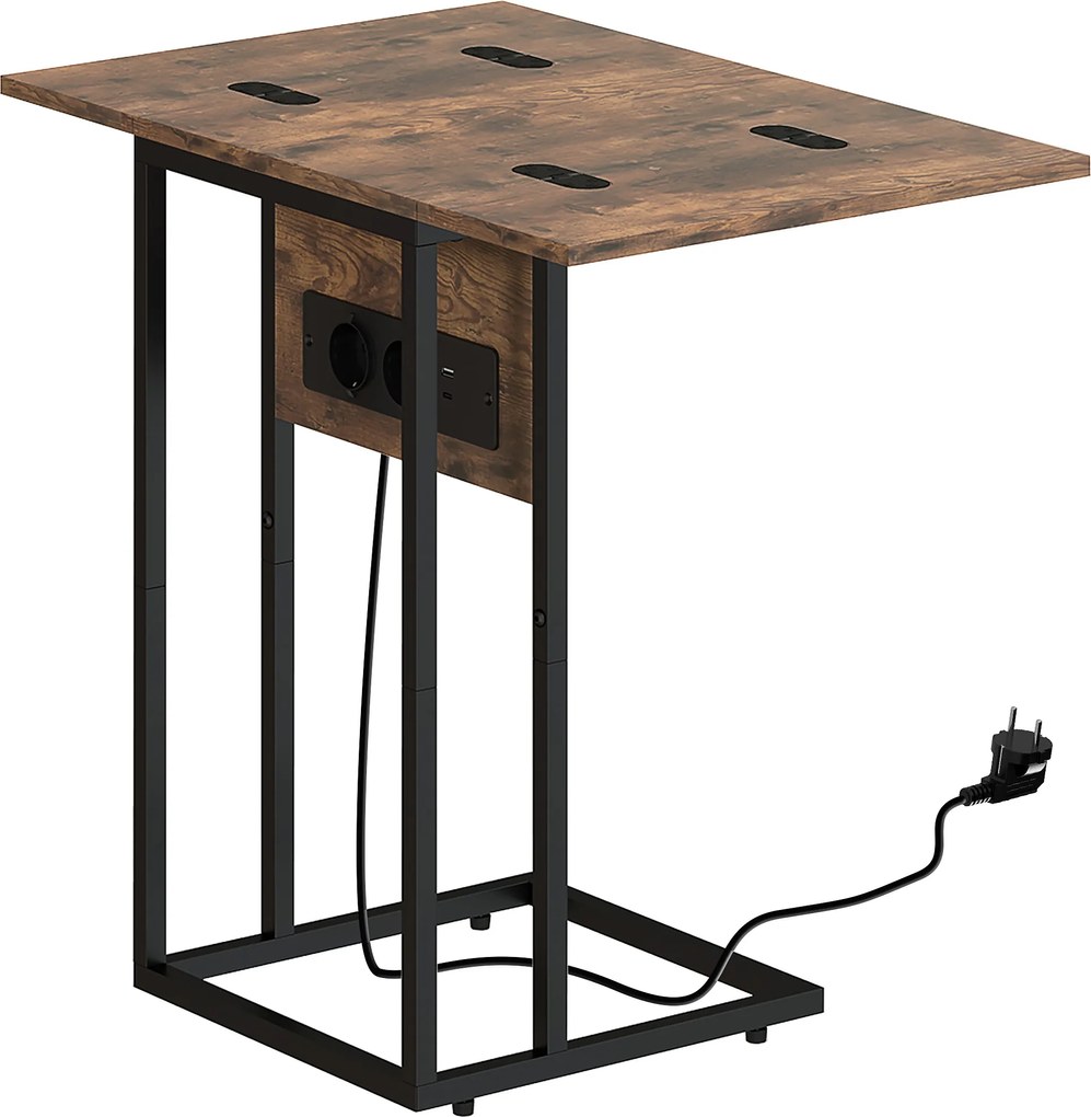 HOMCOM składany stolik boczny, stacja ładująca z portami USB, metal, 39 x 29 x 57 cm, brązowy