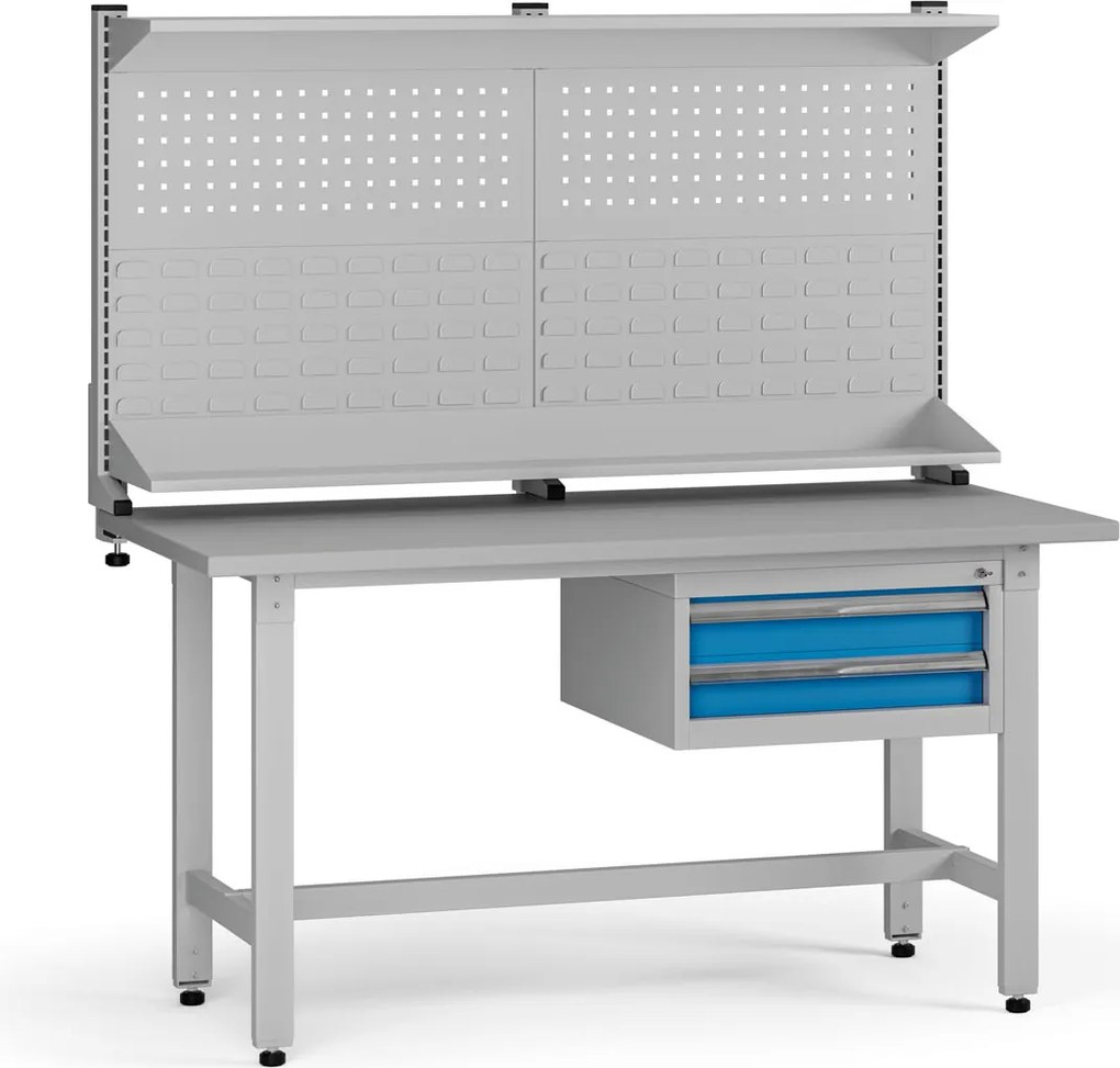 Stół warsztatowy z regulacją wysokości G5 z panelem, 1500 x 750 x 800-1000 mm, 1x kontener, 2x szuflada, niebieski