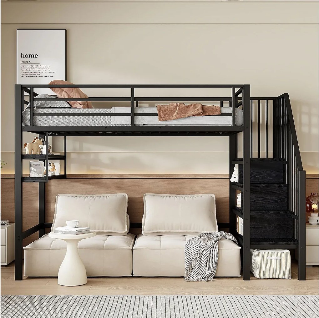 Łóżko antresolowe 90x200 cm, Łóżko młodzieżowe z barierkami i półkami, metalowe - czarne (bez materaca)
