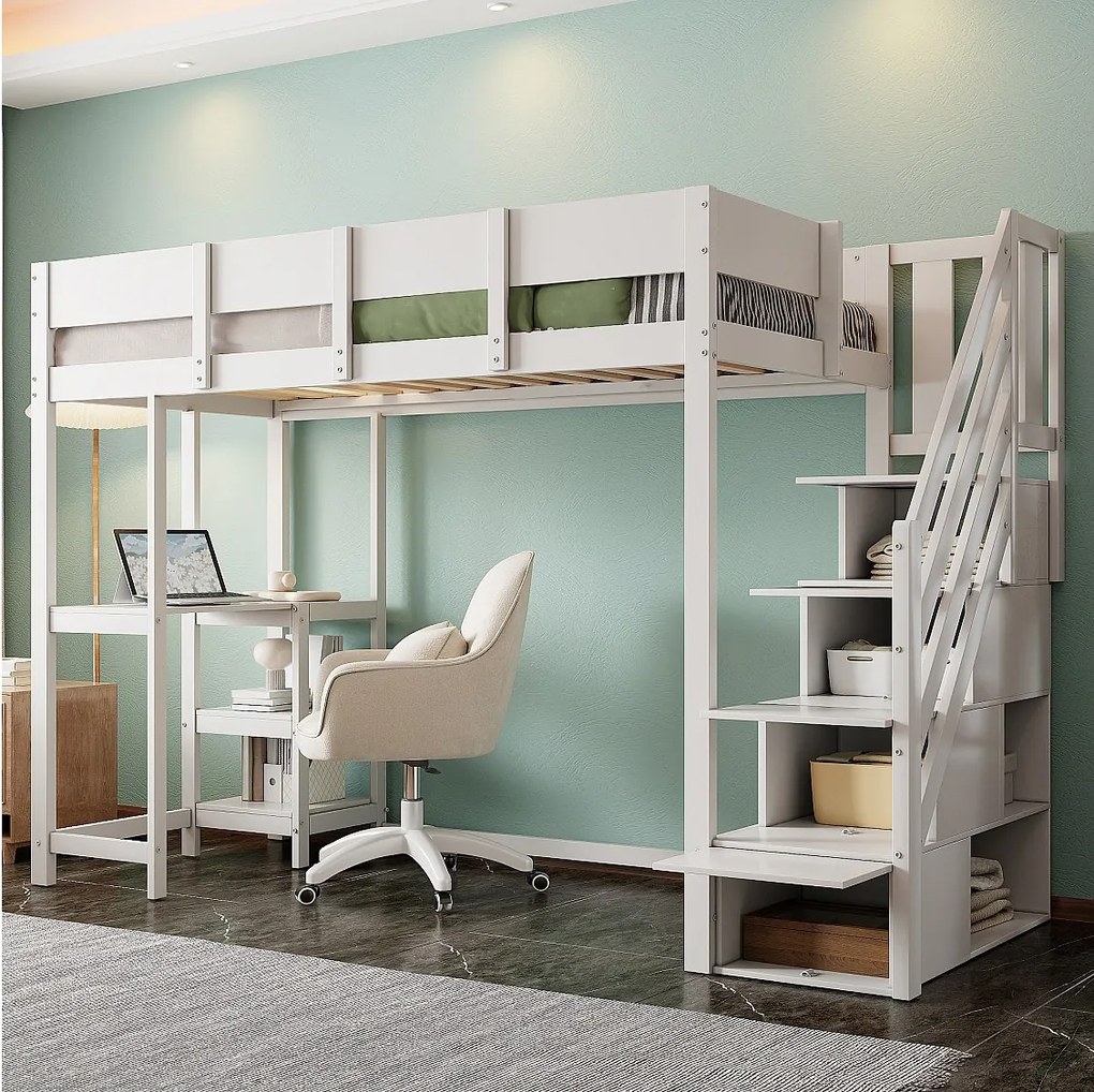 Łóżko antresola z półką - 90 x 200 cm - z biurkiem + schowkiem w schodach - drewno + płyta MDF - białe