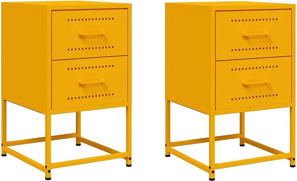 Zestaw 2 przemysłowych szafek nocnych z żółtej musztardy ze sporym miejscem na przechowywanie