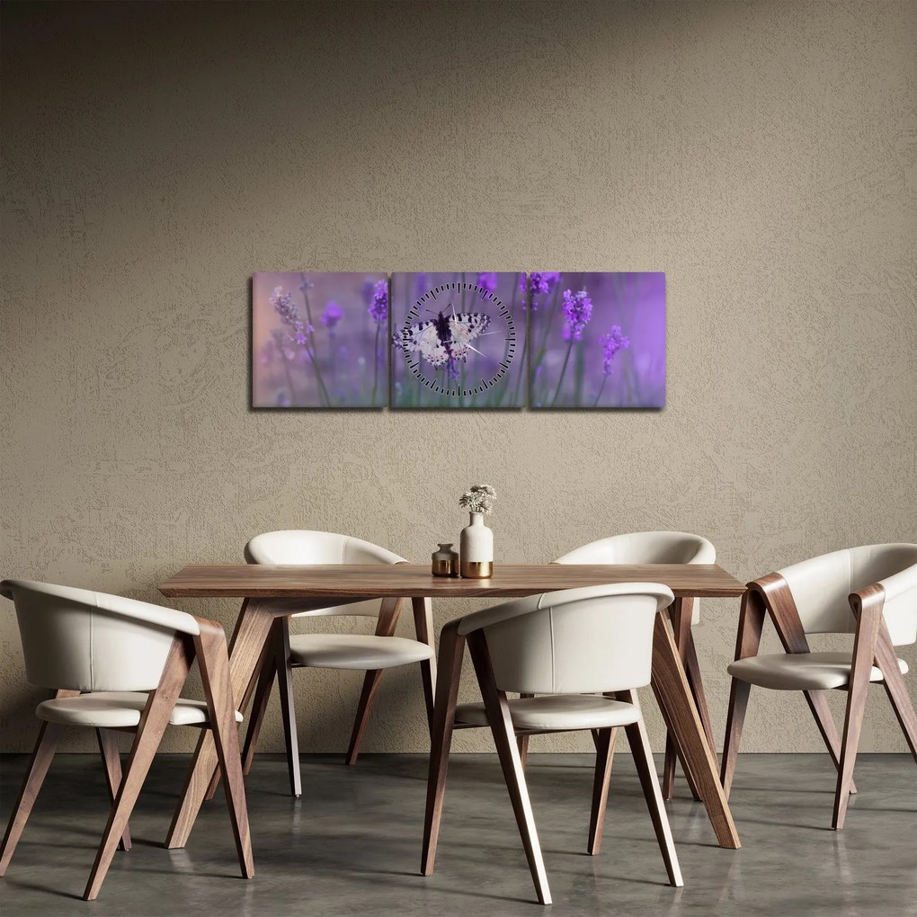 Obraz - Motyl w lawendach (z zegarem) (90x30 cm)