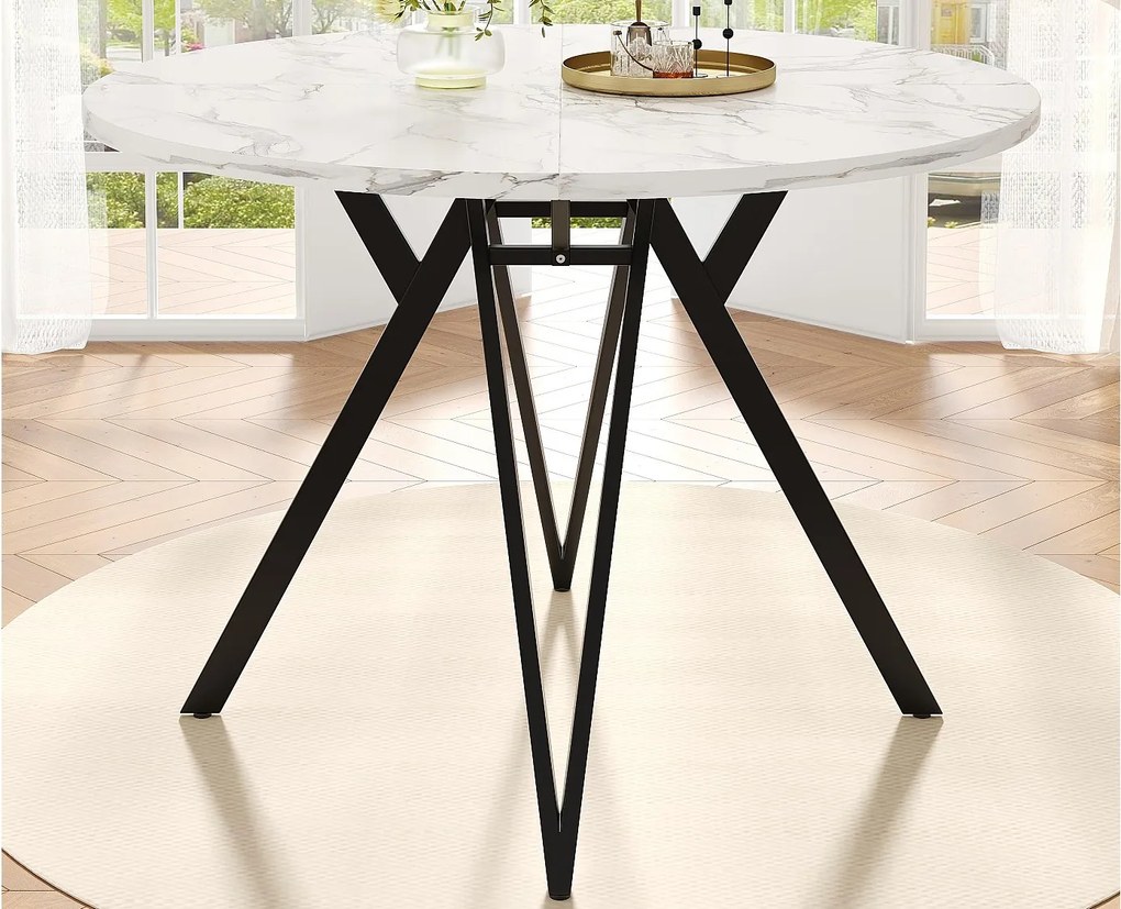 Okrągły stół jadalniany - Metalowa rama - Okleina o wzorze marmuru - Dla 4 osób - MDF - Biały i Czarny