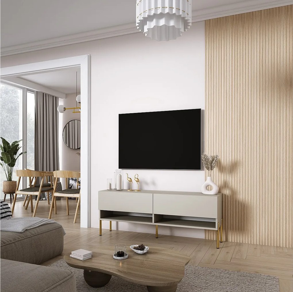 Szafka pod telewizor 140 cm Kaszmir, nóżki proste złote, LED biały, 140 × 32 × 52 cm