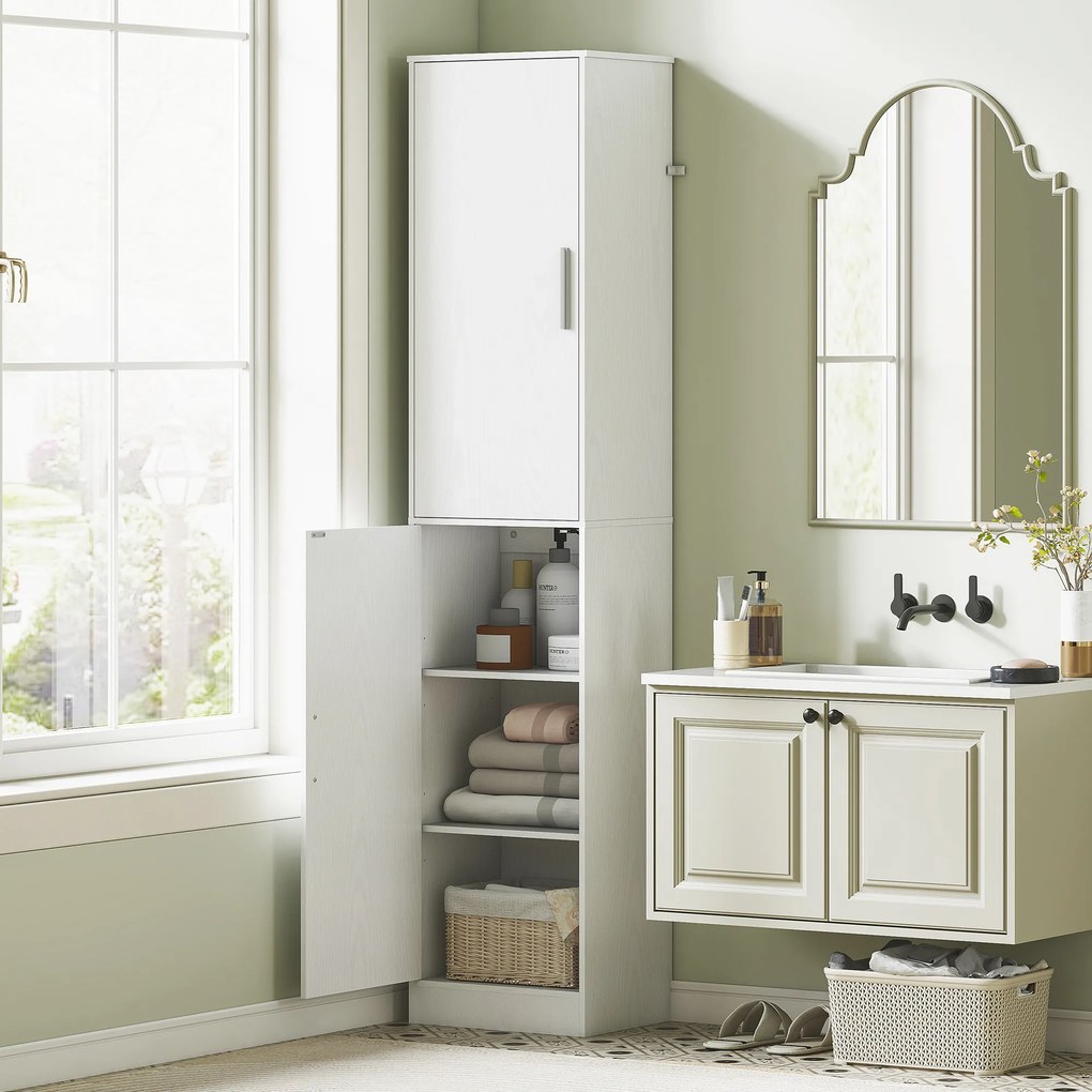 HOMCOM Wysoka szafka łazienkowa 180 cm wąska biała z 2 drzwiami i 4 regulowanymi półkami | Aosom PL