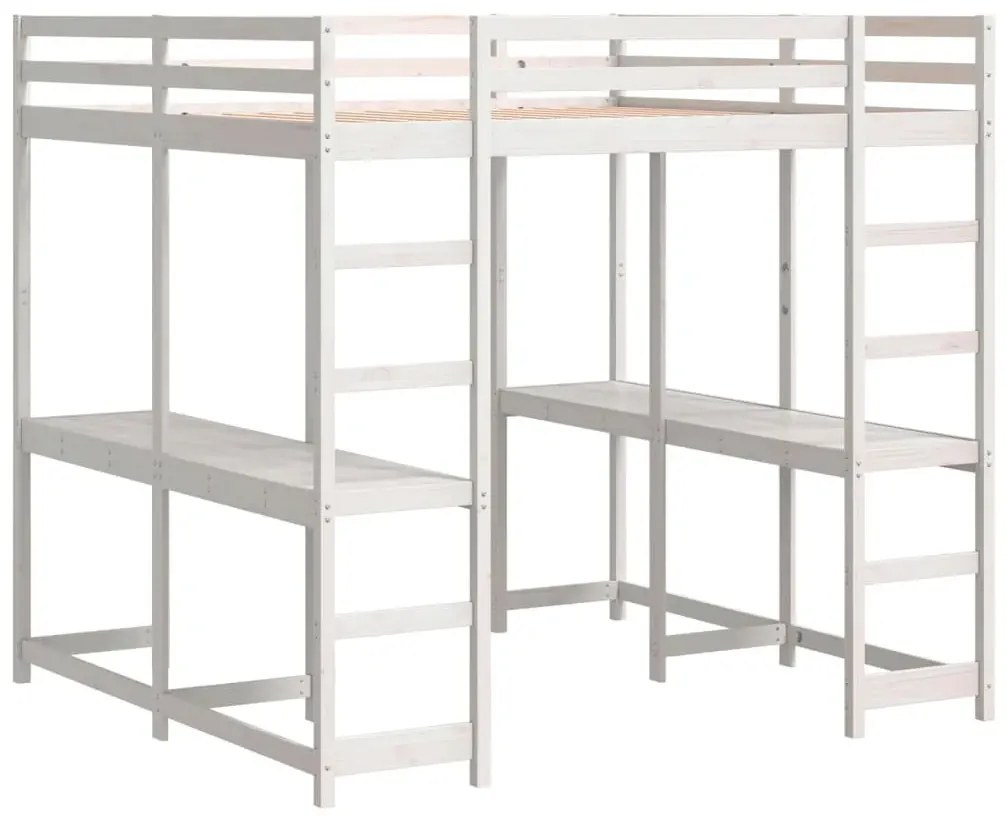 Sosnowe białe piętrowe łóżko z 2 biurkami 180x200 F7-D10