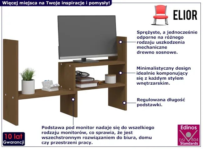 Półka na biurko z drewna sosnowego miodowy brąz - Dajnor