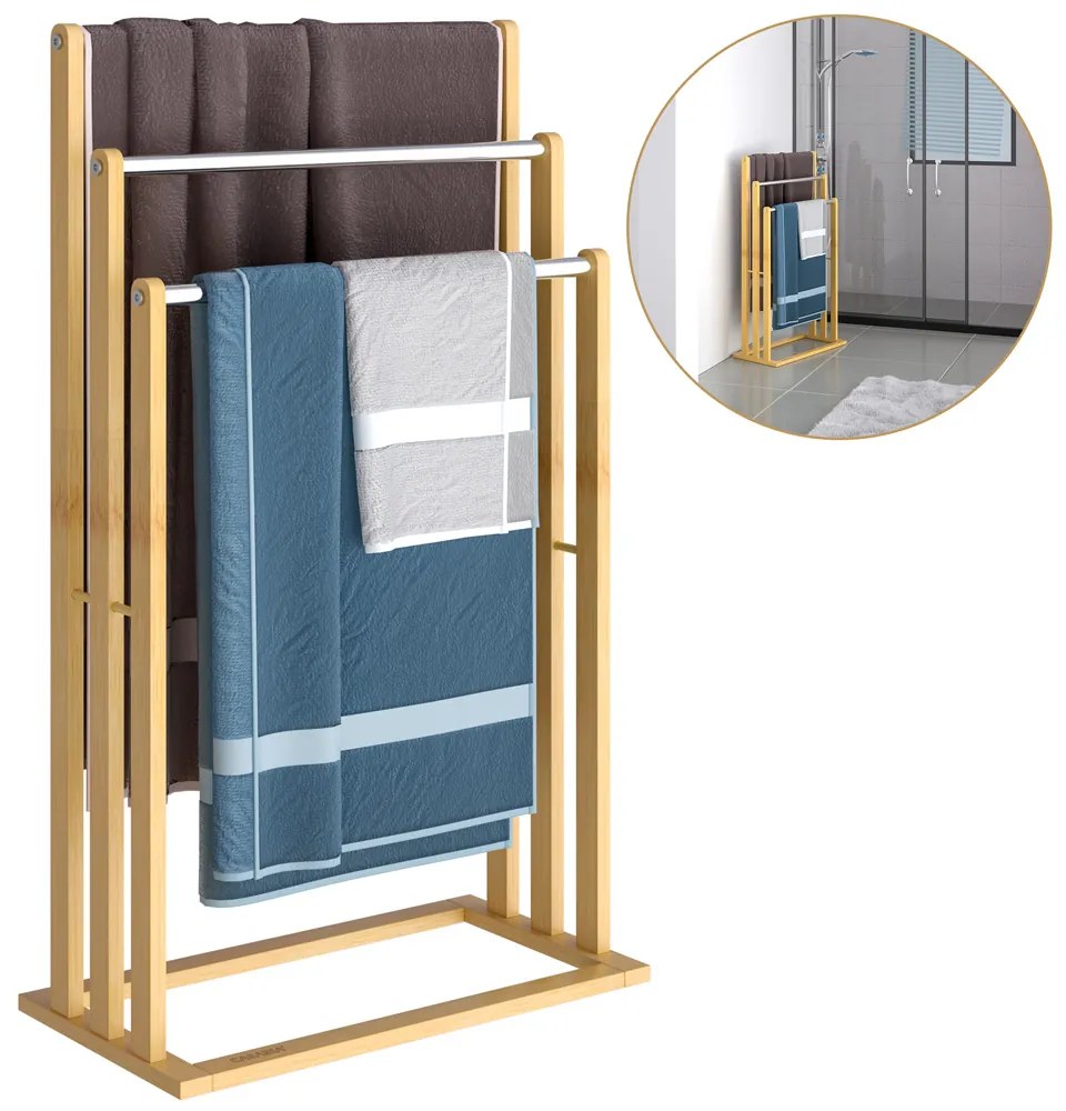 Stojak na ręczniki RUBBY z metalowymi rurkami, 46x24x84cm, brąz/srebrna Casaria