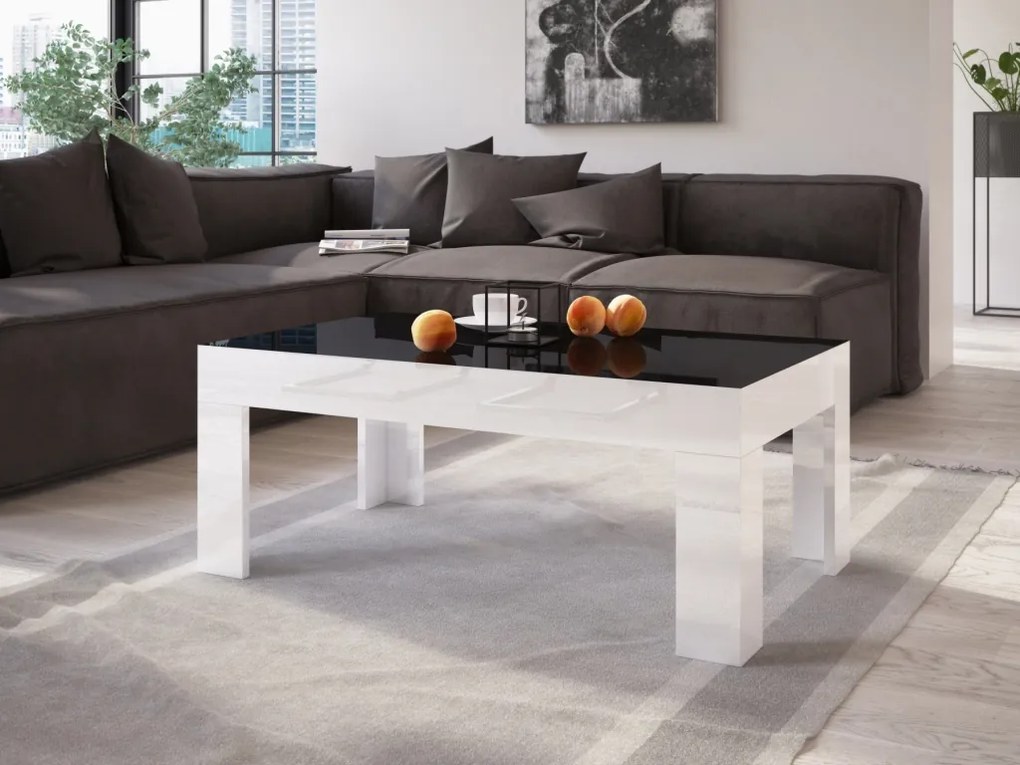 Ława do salonu w wysokim połysku Simple 100x60 z czarnym blatem i białymi nogami