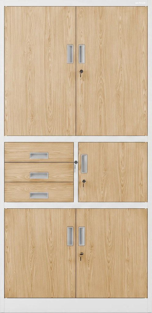 Biurowa szafa metalowa z sejfem biała, dąb sonoma, 900x1850x400 mm: FILIP II Eco Design