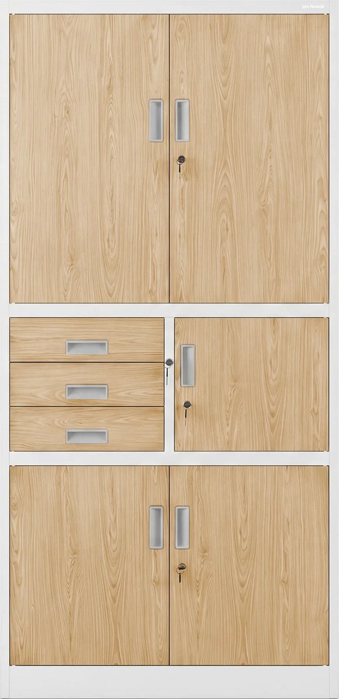 Biurowa szafa metalowa z sejfem biała / dąb sonoma: Eco Design FILIP II, 900 x 1850 x 400 mm
