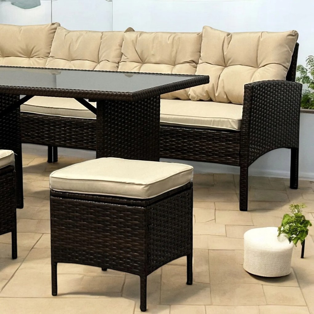 Duży zestaw mebli ogrodowych z narożnikiem Cuba 079 brąz, poduszki beżowe
