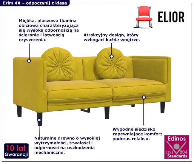 Aksamitna żółta sofa do salonu - Erim 4X