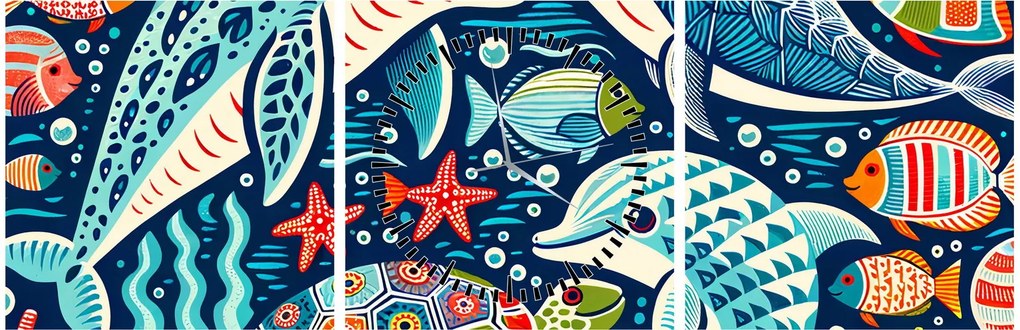 Obraz – Rysowane zwierzęta wodne (z zegarem) (90x30 cm)