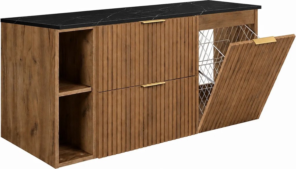 Zestaw szafek łazienkowych z koszem na pranie, Dąb Craft / Blat Czarny / Uchwyty Złote, 120 x 57 x 46 cm