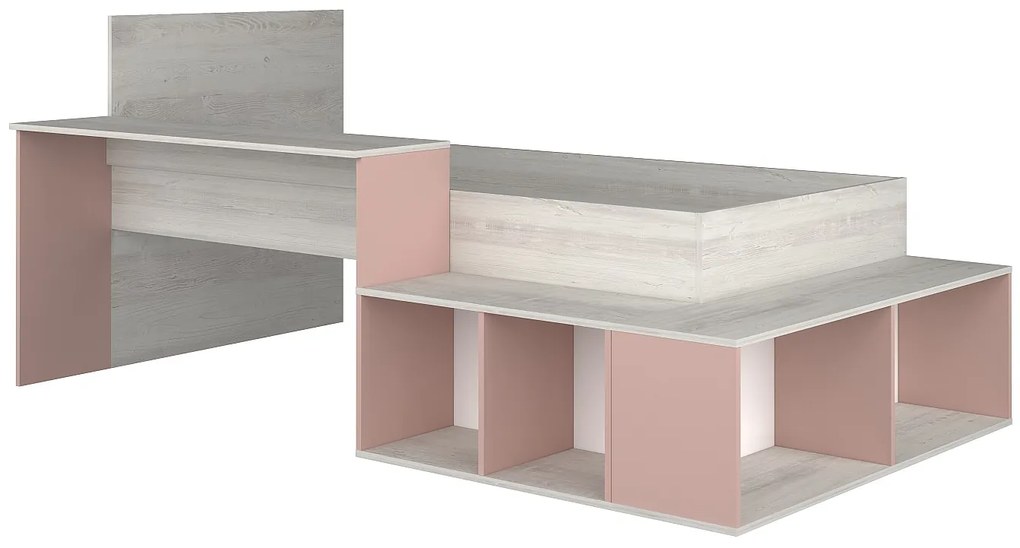 Łóżko wielofunkcyjne 90 × 200 cm ze schowkiem i biurkiem – Naturalny i różowy + Stelaż + Materac – RIGALI