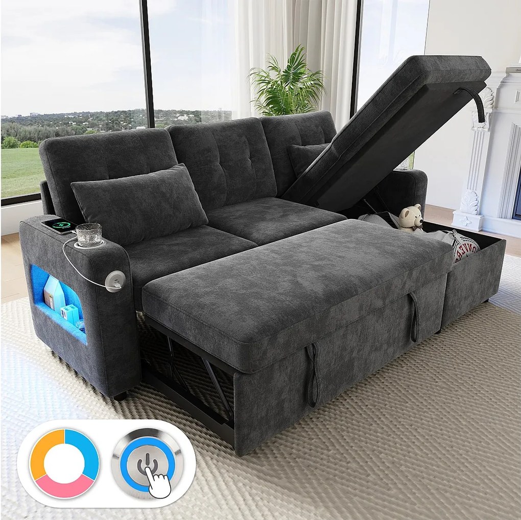 Sofa narożna 3-osobowa z funkcją spania - 206 x 131 x 85 cm - ze schowkiem + diodami LED + USB + uchwytami na kubki - welur - szary