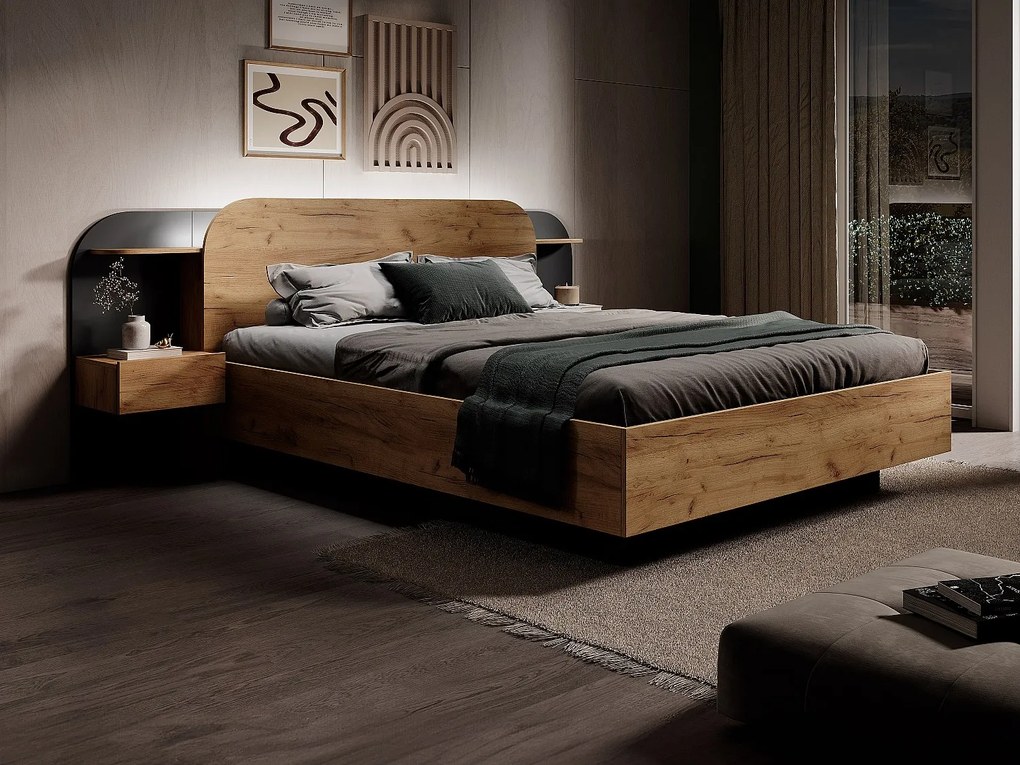 Łóżko ze skrzynią i szafkami nocnymi 160 x 200 cm - Z oświetleniem LED - Naturalny i czarny + Materac - JUVISIA