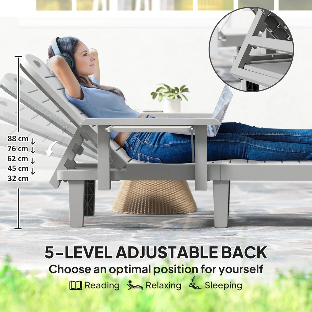 Outsunny Leżanka Ogrodowa z Bocznym Stolikiem i Regulowanym Oparciem, Jasnoszara