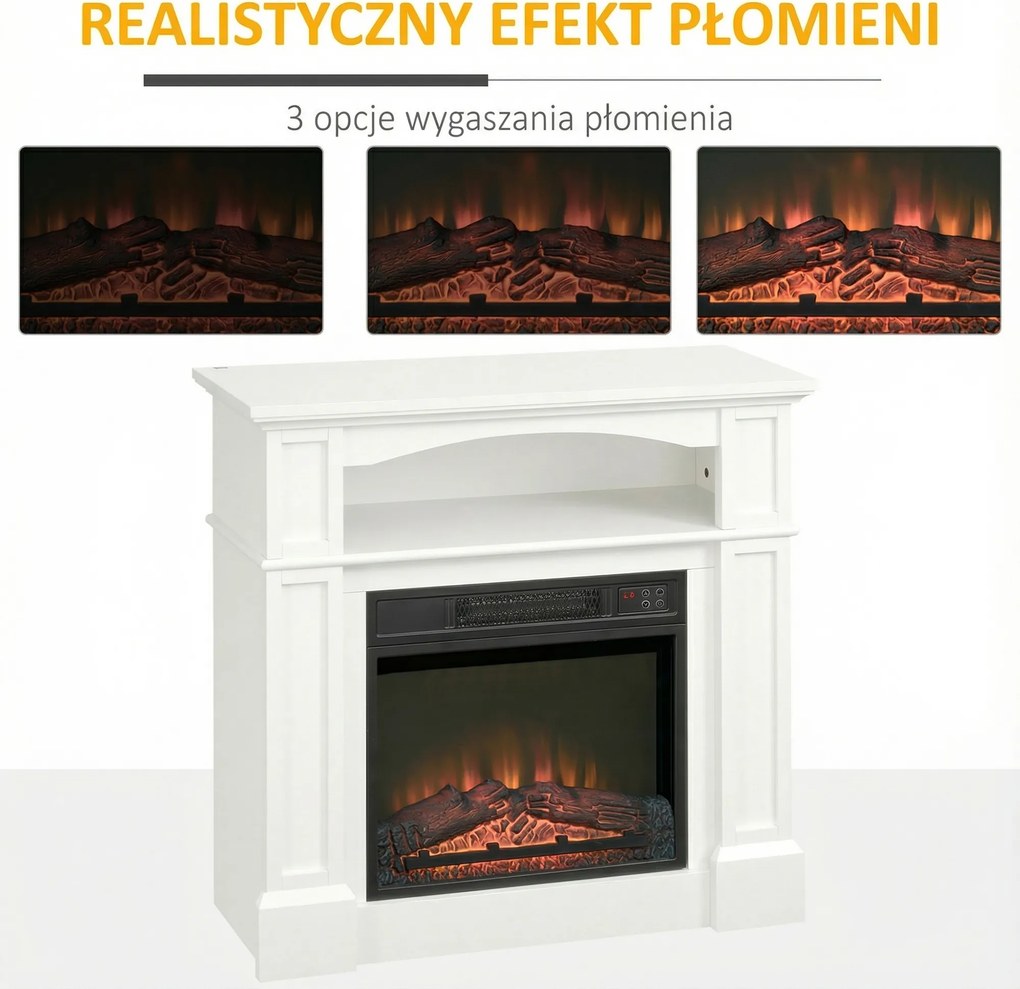 HOMCOM Elektryczny kominek z efektem płomienia 3D LED, zdolność grzewcza 30 m², pilot, Biały/Czarny