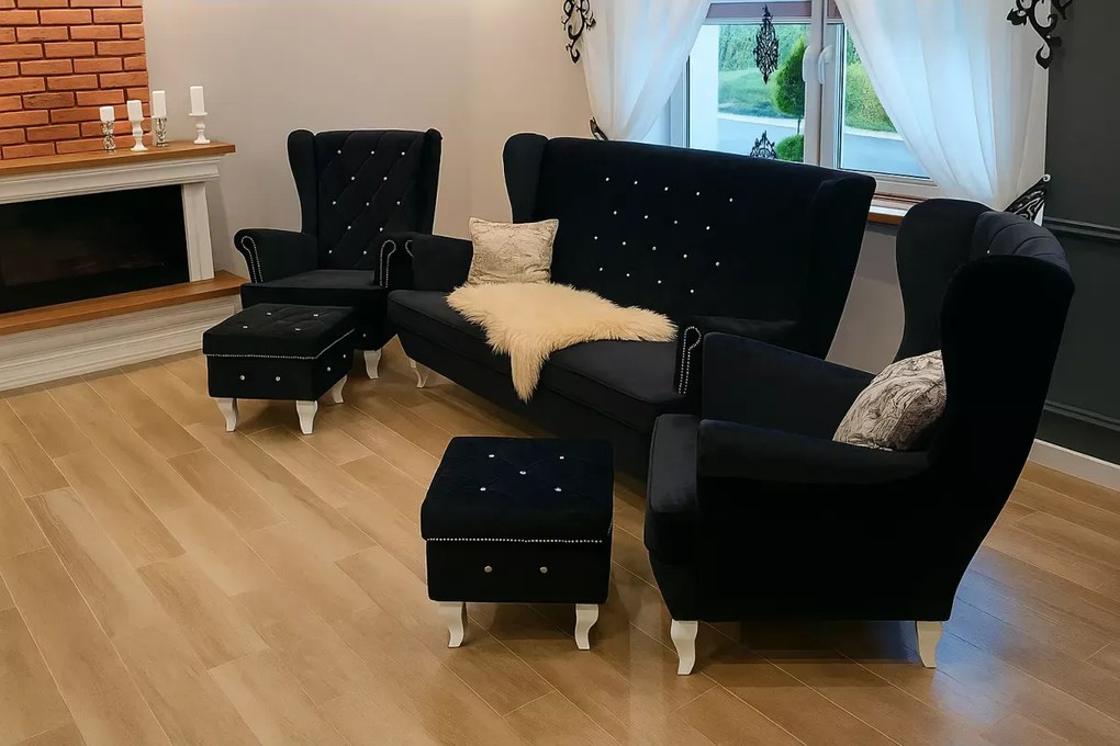 Pikowany zestaw - sofa uszak 3 osobowa z 2 fotelami uszak i 2 podnóżkami