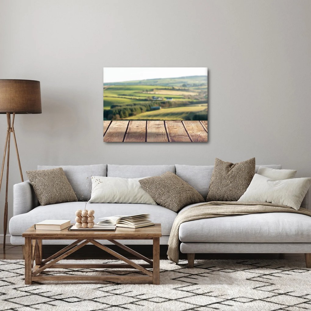 Obraz - Drewniana półka z krajobrazem (70x50 cm)