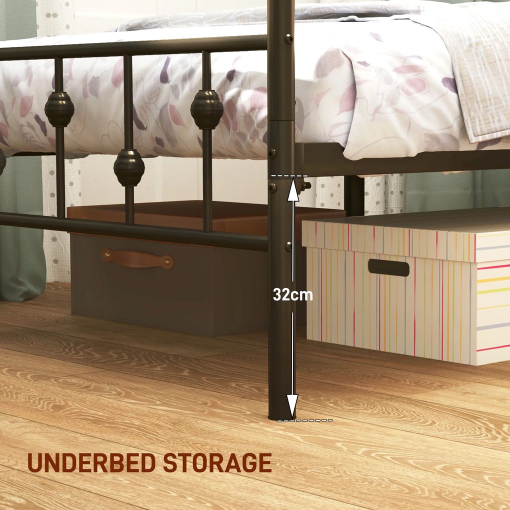 HOMCOM Metalowe Łóżko Pojedyncze - Solidna Rama z Funkcją Redukcji Hałasu. Łatwy Montaż i Dużo Miejsca pod Łóżkiem, Czarna, 206,9 x 91,8 x 82,5 cm | Aosom PL