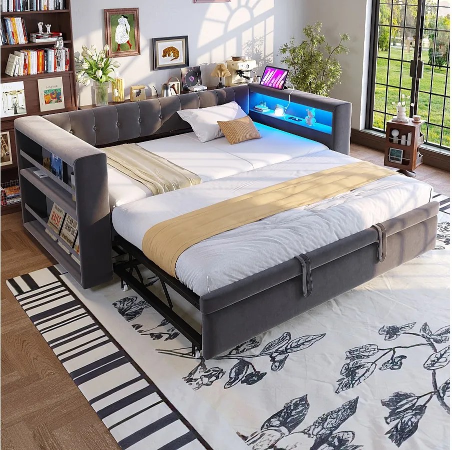 Sofa tapicerowana z funkcją spania - 90/180 x 190 cm - z oświetleniem LED + gniazdko + łóżko wysuwane + półka - Flanela - ciemnoszara