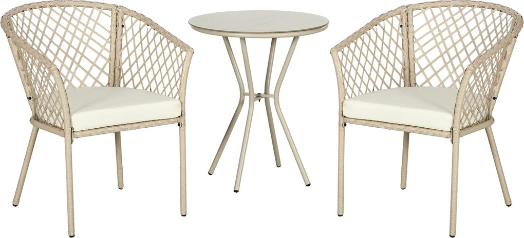 Outsunny Zestaw mebli ogrodowych z rattanu, 2 krzesła i stół, blat ze szkła hartowanego, rattan PE, poduszki siedziskowe, konstrukcja metalowa, Khaki