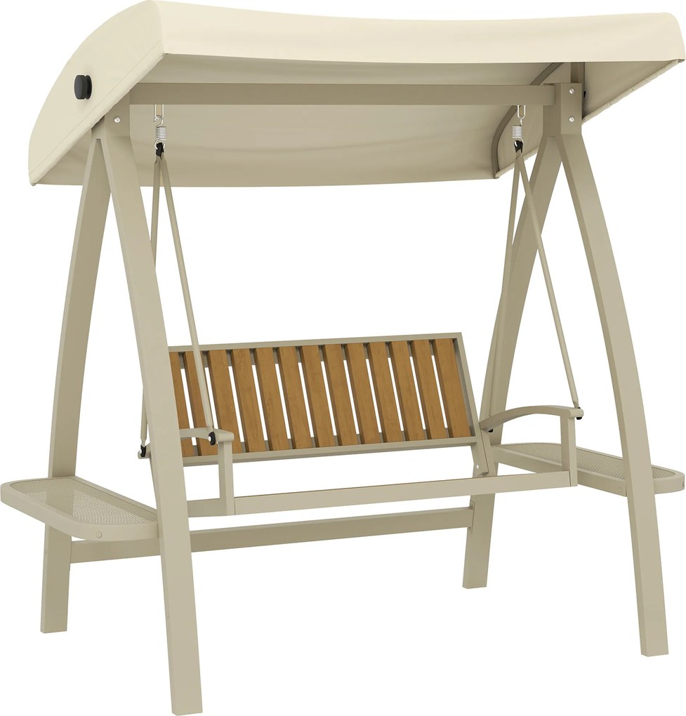 Dwuosobowa huśtawka ogrodowa Outsunny z regulowanym daszkiem, stolik boczny 200 x 120 x 190 cm, Beżowa