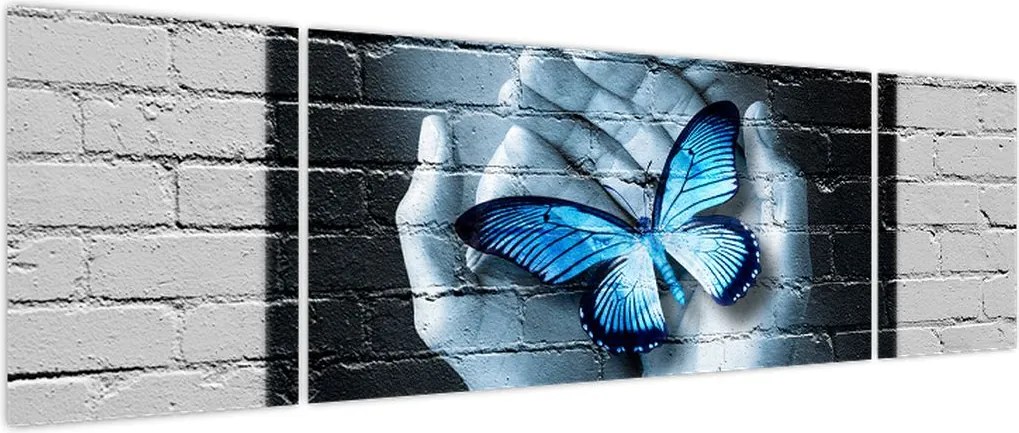 Obraz niebieskiego motyla na ścianie (170x50 cm)