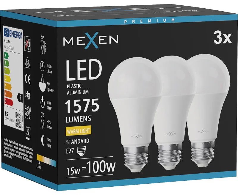 Mexen Nova 3x żarówka LED E27, A60, 15W, Ciepła - 3000K, 1575 lm - L100-E27-1530-01x03